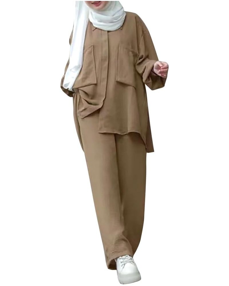 Muslim Long Sleeve Blouse Wide Leg Pants Suits Autumn Solid Abaya Women Matching Sets 2PCS Tracksuits Turkey Kaftan Khaki-poc...