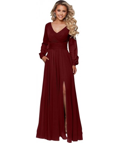 Women's Long Sleeve Bridesmaid Dresses for Wedding V Neck Chiffon A Line Formal Dress Evening Gown Red $23.65 Dresses