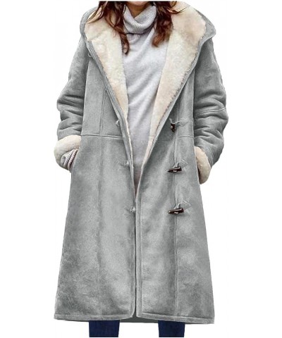 Womens Hoodie Faux Suede Jacket Ladies Fleece Lined Buckle Coats Solid Color Long Jackets Warm Thicken Hooded Overcoat Gray $...