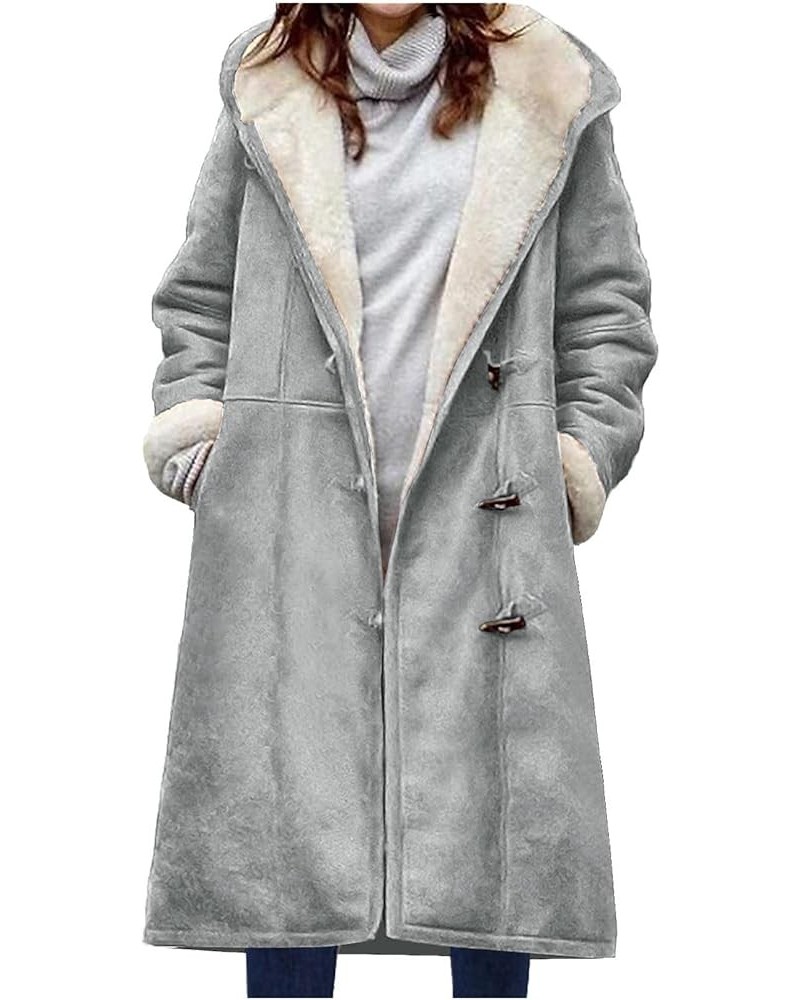 Womens Hoodie Faux Suede Jacket Ladies Fleece Lined Buckle Coats Solid Color Long Jackets Warm Thicken Hooded Overcoat Gray $...