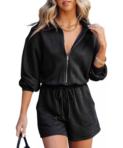 Women's Half Zip V Neck Short Rompers Long Sleeve One Piece Outfit Casual Drawstring Waist Jumpsuits with Pockets Black $19.8...