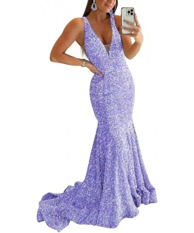 Sparkly Sequin Prom Dresses for Women Long Mermaid Deep V-Neck Formal Evening Party Gowns Lavender $27.95 Dresses