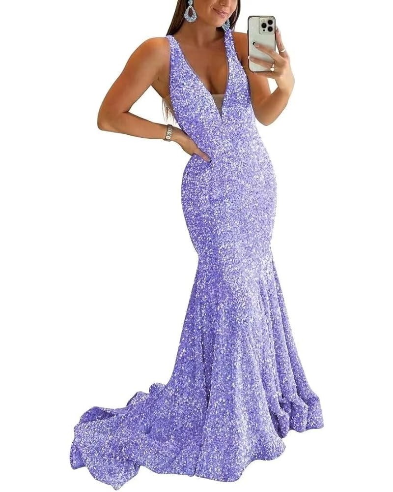 Sparkly Sequin Prom Dresses for Women Long Mermaid Deep V-Neck Formal Evening Party Gowns Lavender $27.95 Dresses