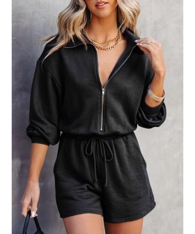 Women's Half Zip V Neck Short Rompers Long Sleeve One Piece Outfit Casual Drawstring Waist Jumpsuits with Pockets Black $19.8...