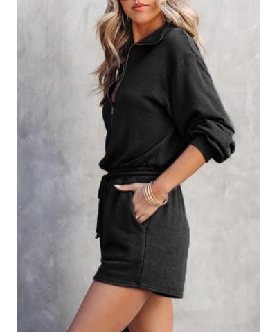 Women's Half Zip V Neck Short Rompers Long Sleeve One Piece Outfit Casual Drawstring Waist Jumpsuits with Pockets Black $19.8...