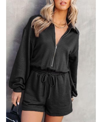 Women's Half Zip V Neck Short Rompers Long Sleeve One Piece Outfit Casual Drawstring Waist Jumpsuits with Pockets Black $19.8...