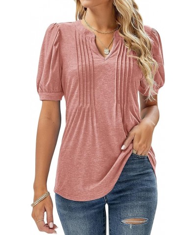 Womens V Neck Puff Short Sleeve Pleated T Shirts Fashion Summer Tops Casual Tunic Blouse Coral $14.24 Tops