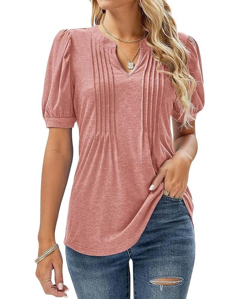 Womens V Neck Puff Short Sleeve Pleated T Shirts Fashion Summer Tops Casual Tunic Blouse Coral $14.24 Tops