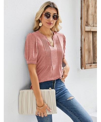 Womens V Neck Puff Short Sleeve Pleated T Shirts Fashion Summer Tops Casual Tunic Blouse Coral $14.24 Tops