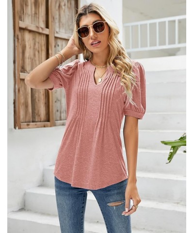 Womens V Neck Puff Short Sleeve Pleated T Shirts Fashion Summer Tops Casual Tunic Blouse Coral $14.24 Tops