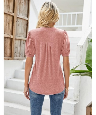 Womens V Neck Puff Short Sleeve Pleated T Shirts Fashion Summer Tops Casual Tunic Blouse Coral $14.24 Tops