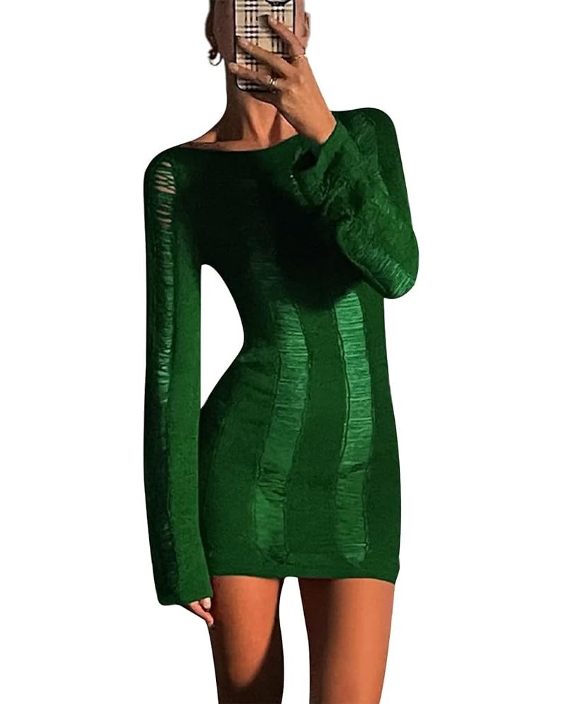 Women Long Sleeve Backless Knit Mini Dress Y2k Crochet Hollow Out See-Through Dress Party Clubwear Green $16.11 Dresses