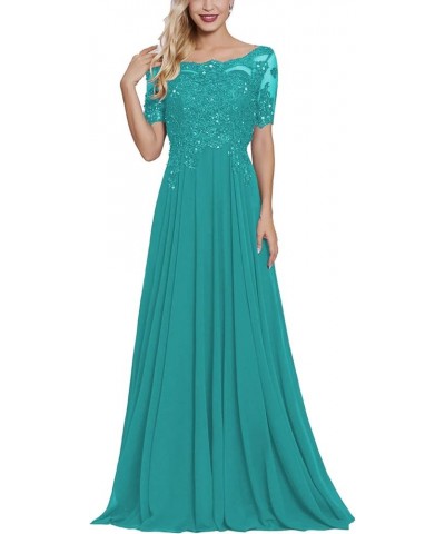 Women's Long Mother of The Bride Dresses with Sleeves Bateau Neck Beaded Chiffon Maxi Lace Formal Evening Gowns Turquoise $29...