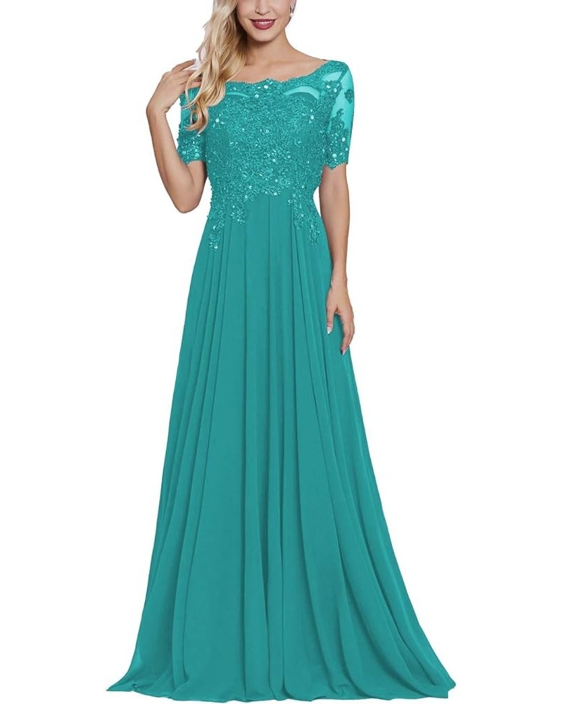 Women's Long Mother of The Bride Dresses with Sleeves Bateau Neck Beaded Chiffon Maxi Lace Formal Evening Gowns Turquoise $29...