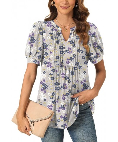 Womens Summer Dressy Casual Blouse Puff Short Sleeve Tunic Tops Pleated T-Shirts for Work Pleated Gray Purple Fl $13.99 Tops