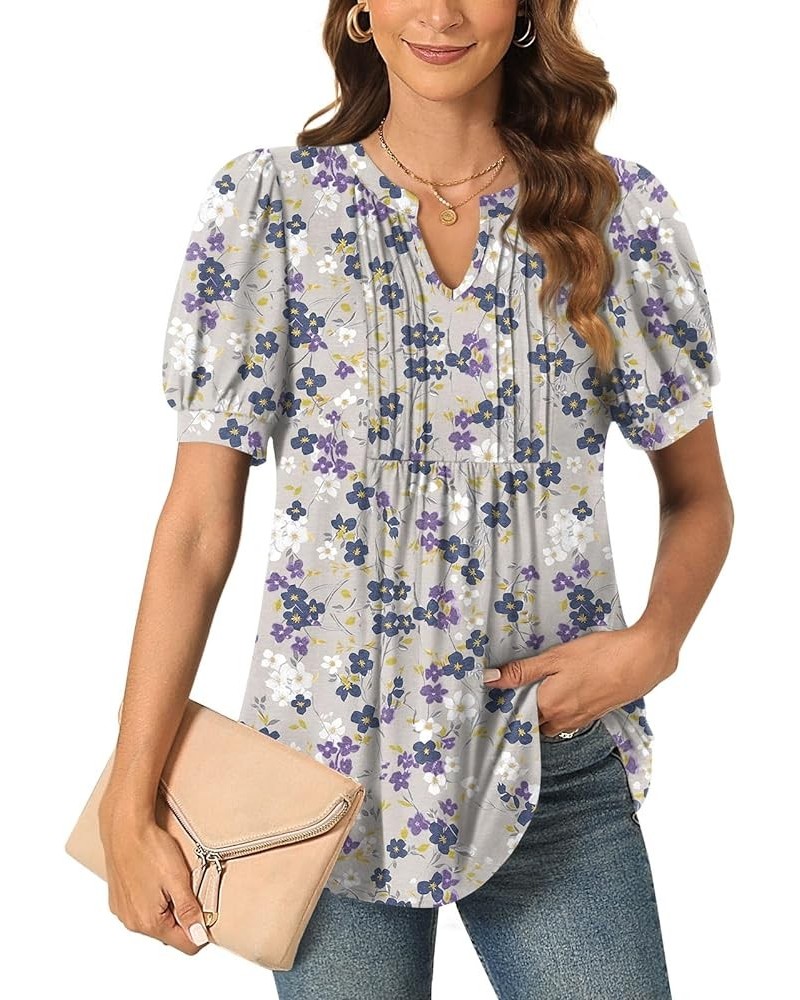 Womens Summer Dressy Casual Blouse Puff Short Sleeve Tunic Tops Pleated T-Shirts for Work Pleated Gray Purple Fl $13.99 Tops