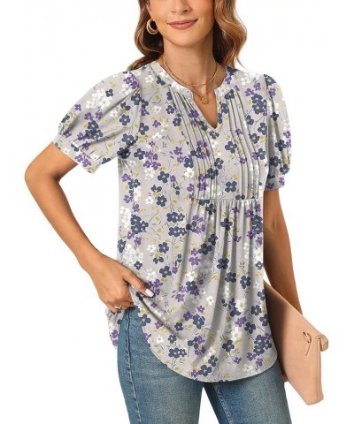 Womens Summer Dressy Casual Blouse Puff Short Sleeve Tunic Tops Pleated T-Shirts for Work Pleated Gray Purple Fl $13.99 Tops