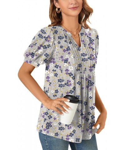 Womens Summer Dressy Casual Blouse Puff Short Sleeve Tunic Tops Pleated T-Shirts for Work Pleated Gray Purple Fl $13.99 Tops