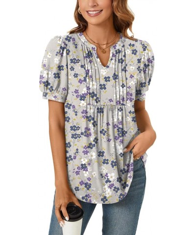 Womens Summer Dressy Casual Blouse Puff Short Sleeve Tunic Tops Pleated T-Shirts for Work Pleated Gray Purple Fl $13.99 Tops