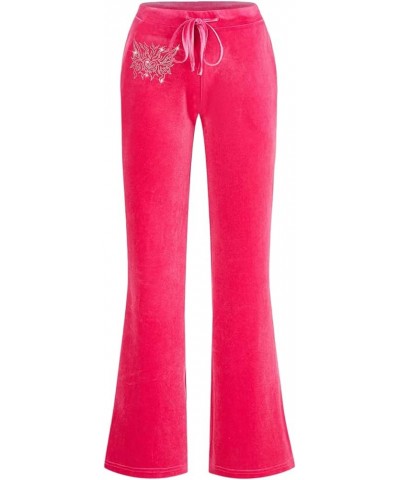 Women's High Drawstring Waist Rhinestone Velvet Flare Leg Pants Hot Pink $17.84 Leggings