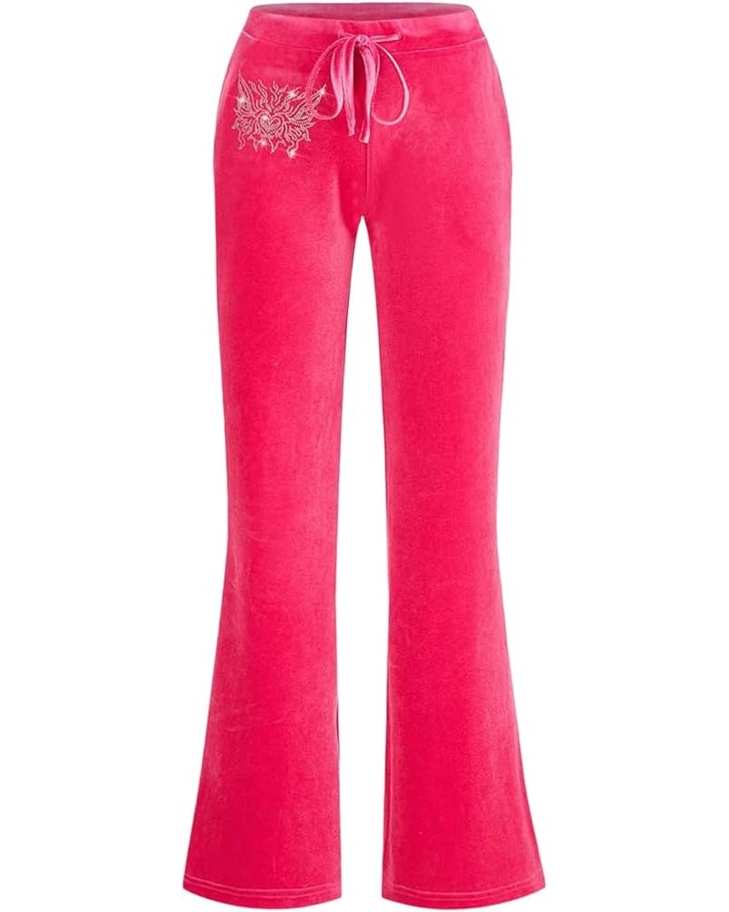 Women's High Drawstring Waist Rhinestone Velvet Flare Leg Pants Hot Pink $17.84 Leggings