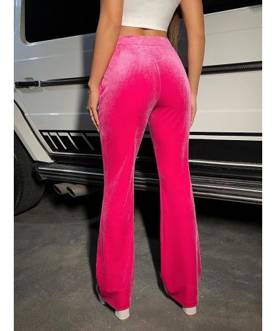 Women's High Drawstring Waist Rhinestone Velvet Flare Leg Pants Hot Pink $17.84 Leggings