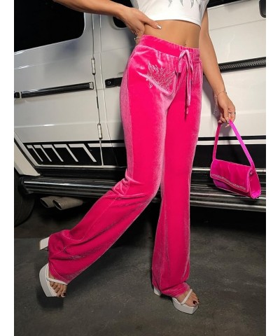 Women's High Drawstring Waist Rhinestone Velvet Flare Leg Pants Hot Pink $17.84 Leggings