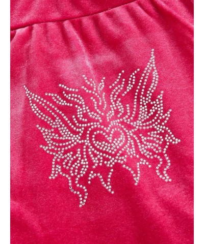 Women's High Drawstring Waist Rhinestone Velvet Flare Leg Pants Hot Pink $17.84 Leggings