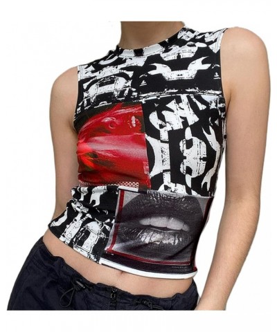 Women Portrait Graphic Crop Top Sleeveless Tie Dye Printed Tank Tops Summer Cami Vest Shirts Blouse Y2k Streetwear Black Lips...