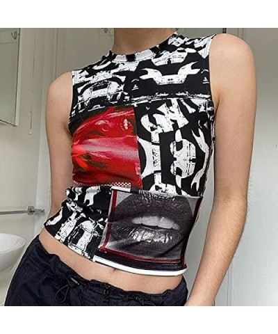 Women Portrait Graphic Crop Top Sleeveless Tie Dye Printed Tank Tops Summer Cami Vest Shirts Blouse Y2k Streetwear Black Lips...