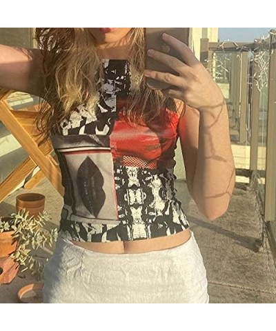 Women Portrait Graphic Crop Top Sleeveless Tie Dye Printed Tank Tops Summer Cami Vest Shirts Blouse Y2k Streetwear Black Lips...