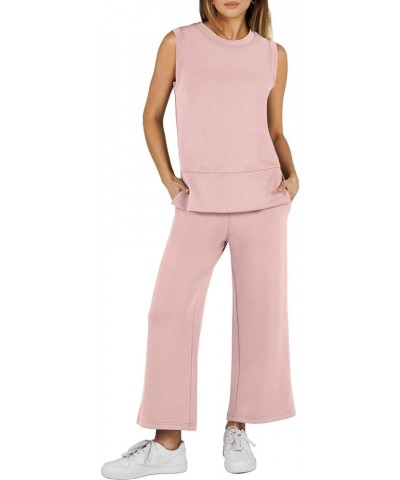 Women's 2 Piece Outfits Summer Outfits Sleeveless Wide Leg Jumpsuits Casual Lounge Sets Light Pink $16.80 Jumpsuits