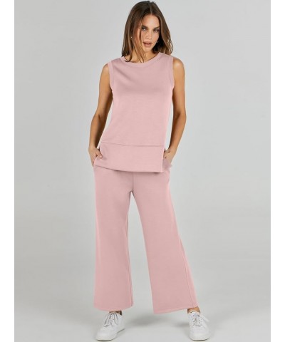 Women's 2 Piece Outfits Summer Outfits Sleeveless Wide Leg Jumpsuits Casual Lounge Sets Light Pink $16.80 Jumpsuits