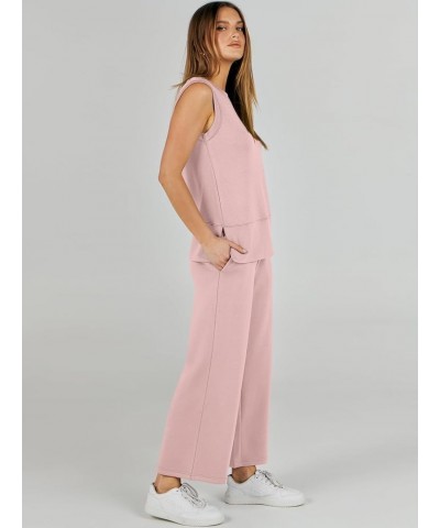 Women's 2 Piece Outfits Summer Outfits Sleeveless Wide Leg Jumpsuits Casual Lounge Sets Light Pink $16.80 Jumpsuits