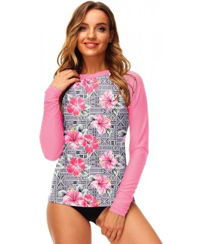 Women UPF 50+ Rash Guard Printed Swim Shirts Surf Swimwear Top Pink Floral $16.00 Swimsuits