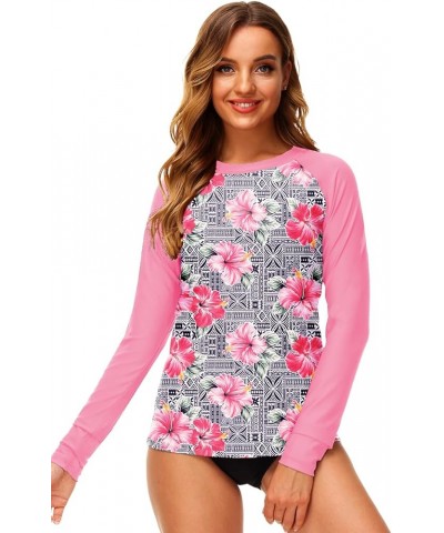 Women UPF 50+ Rash Guard Printed Swim Shirts Surf Swimwear Top Pink Floral $16.00 Swimsuits