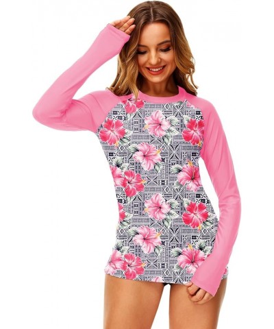 Women UPF 50+ Rash Guard Printed Swim Shirts Surf Swimwear Top Pink Floral $16.00 Swimsuits