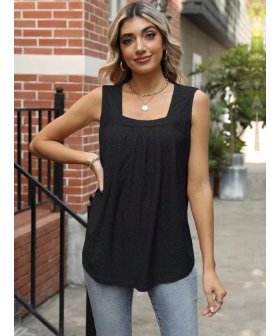 Summer Tank Tops for Women Loose Fit Pleated Square Neck Sleeveless Tops Curved Hem Flowy A Black $11.39 Tanks