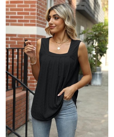 Summer Tank Tops for Women Loose Fit Pleated Square Neck Sleeveless Tops Curved Hem Flowy A Black $11.39 Tanks