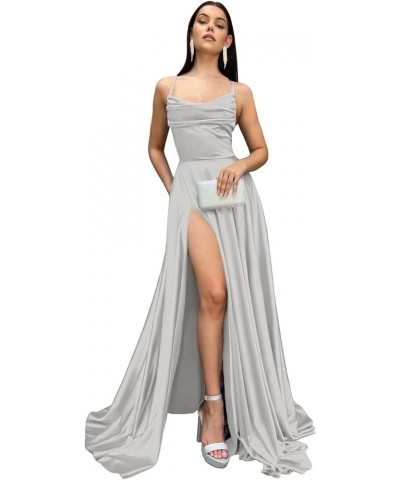 Spaghetti Straps Satin Prom Dresses Long with Pockets A Line Slit Formal Party Dress for Women WD071 Silver $33.79 Dresses