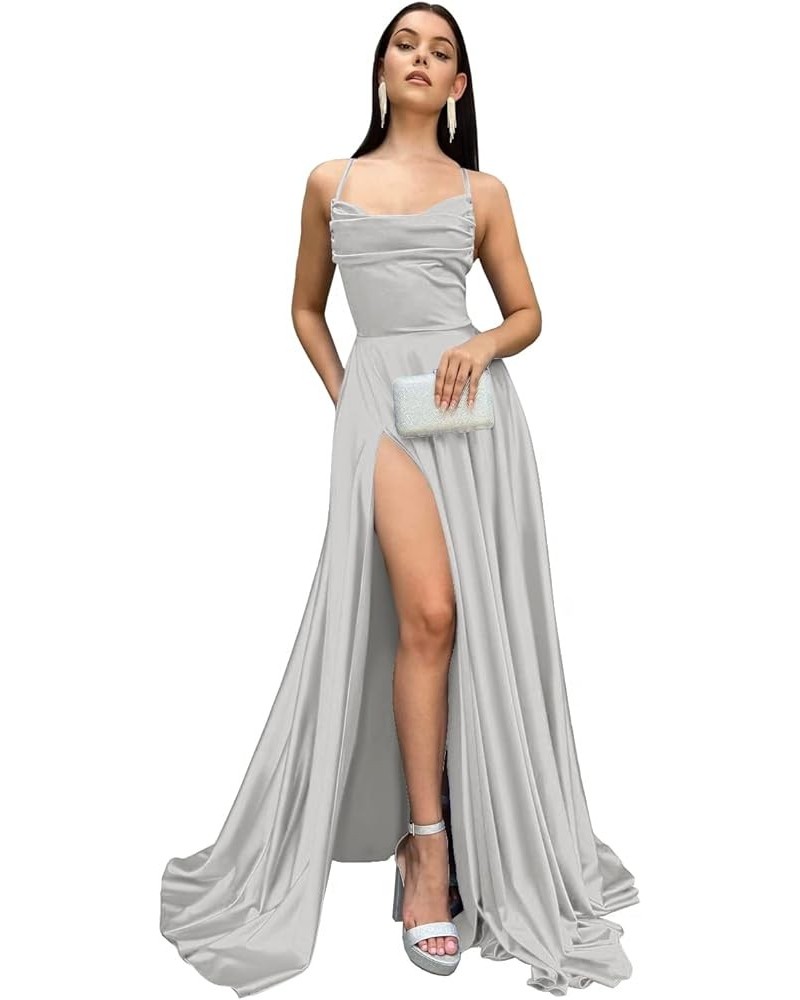 Spaghetti Straps Satin Prom Dresses Long with Pockets A Line Slit Formal Party Dress for Women WD071 Silver $33.79 Dresses