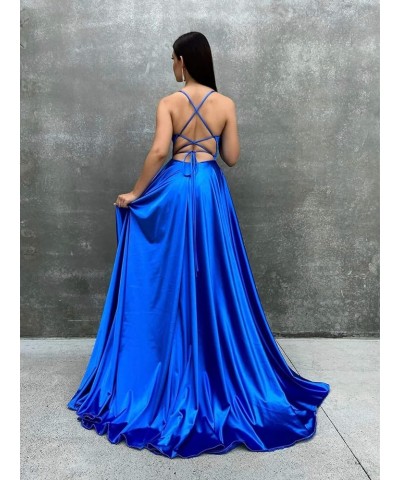 Spaghetti Straps Satin Prom Dresses Long with Pockets A Line Slit Formal Party Dress for Women WD071 Silver $33.79 Dresses