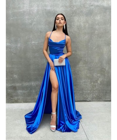 Spaghetti Straps Satin Prom Dresses Long with Pockets A Line Slit Formal Party Dress for Women WD071 Silver $33.79 Dresses