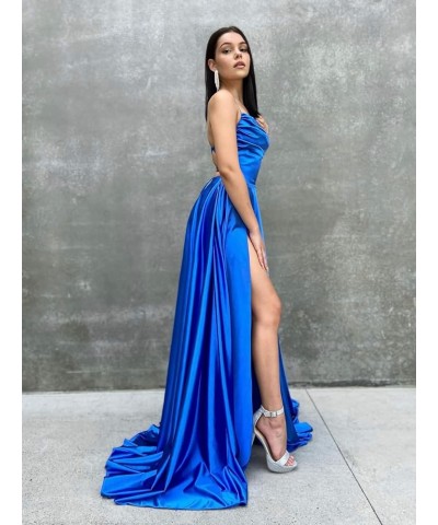 Spaghetti Straps Satin Prom Dresses Long with Pockets A Line Slit Formal Party Dress for Women WD071 Silver $33.79 Dresses