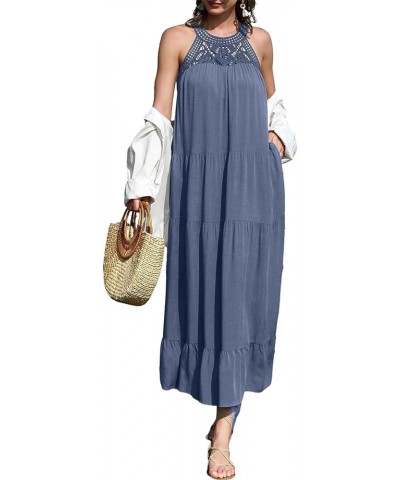 Womens Casual Lace Crewneck Sleeveless Hollow Out Flowy Sundresses Beach Halter Maxi Dresses with Pockets Sky Blue $25.19 Dre...