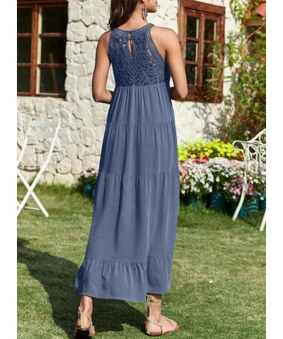 Womens Casual Lace Crewneck Sleeveless Hollow Out Flowy Sundresses Beach Halter Maxi Dresses with Pockets Sky Blue $25.19 Dre...