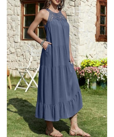 Womens Casual Lace Crewneck Sleeveless Hollow Out Flowy Sundresses Beach Halter Maxi Dresses with Pockets Sky Blue $25.19 Dre...