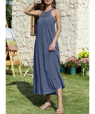 Womens Casual Lace Crewneck Sleeveless Hollow Out Flowy Sundresses Beach Halter Maxi Dresses with Pockets Sky Blue $25.19 Dre...