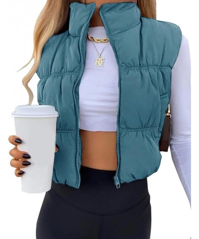 Women's Cropped Puffer Vest Winter Zip Up Stand Collar Lightweight Padded Coats Bluegrey $20.00 Vests