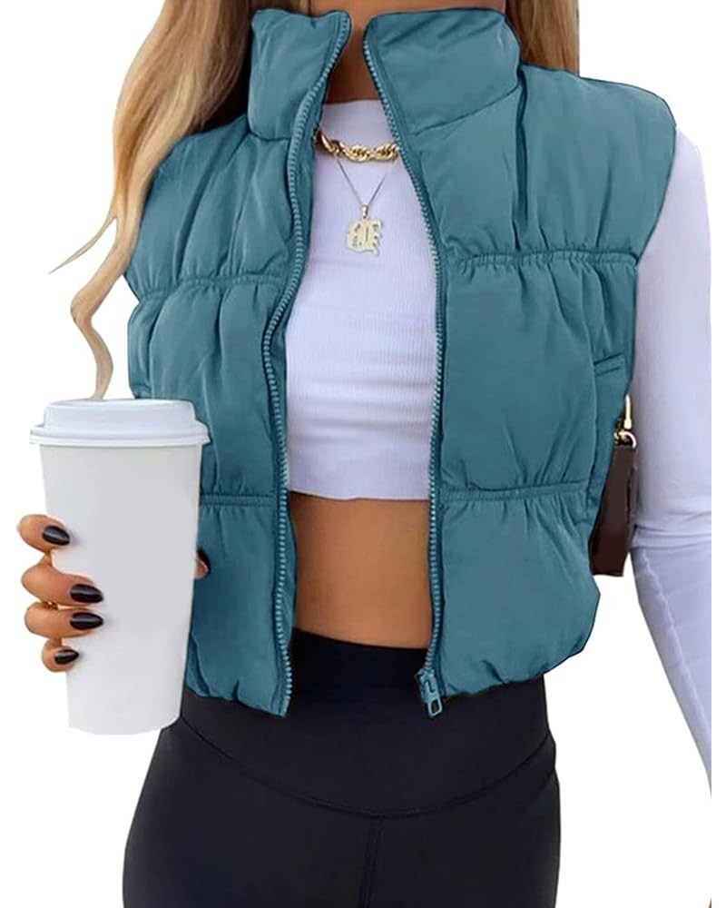 Women's Cropped Puffer Vest Winter Zip Up Stand Collar Lightweight Padded Coats Bluegrey $20.00 Vests